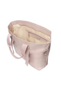 Grand sac fourre-tout rose avec un extérieur en cuir lisse, des poignées en textile et une pochette zippée intérieure. Doublé d'un tissu beige.