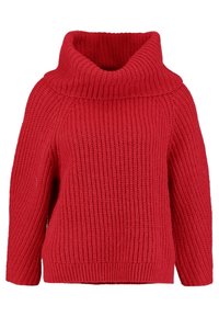 Rode gebreide trui met een hoge, omgevouwen kraag. Kenmerkt zich door een geribbelde textuur, lange mouwen en een losse pasvorm.