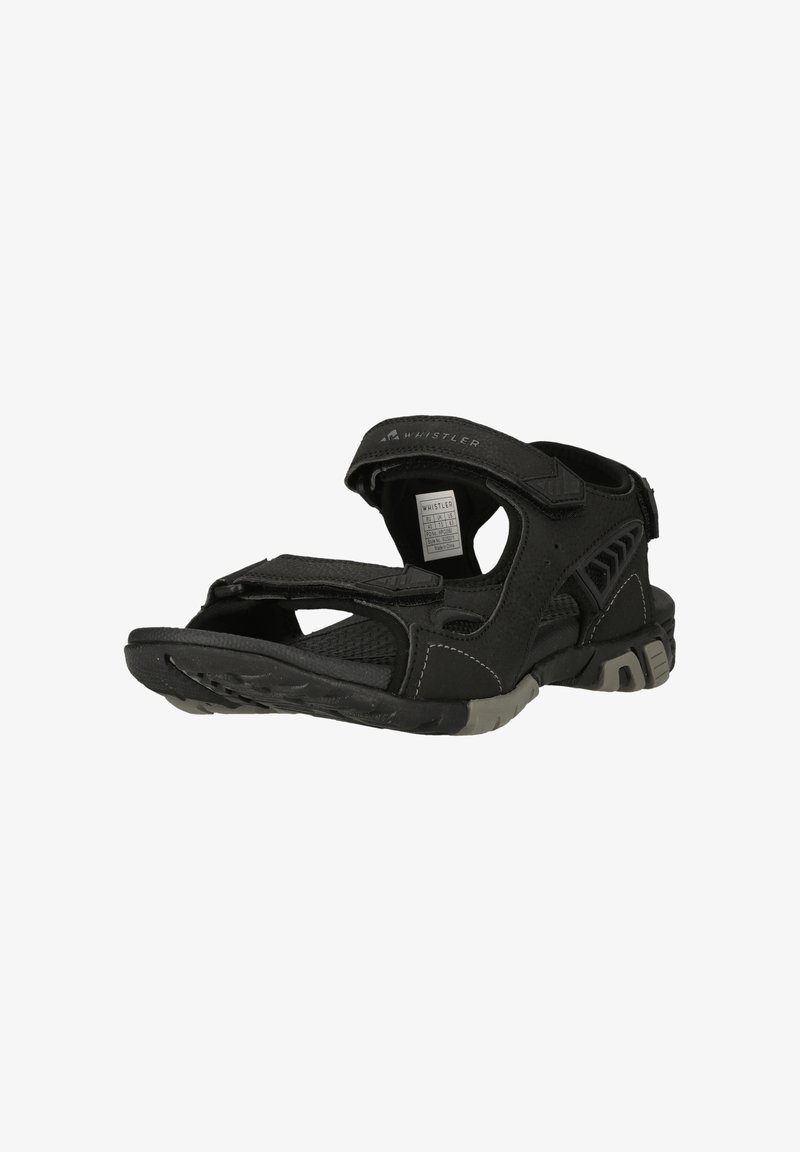 Musta ulkokäyttöön tarkoitettu sandaali, jossa säädettävät tarranauhat ja kuvioitu pohja mukavuutta ja pitoisuutta varten, merkinnällä "Whistler".