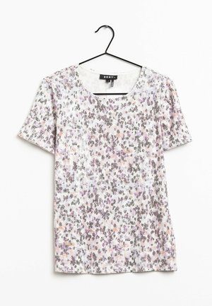 Short-sleeve top in lightweight fabric featuring a floral pattern in purple, pink, and gray against a white background with a scoop neckline.