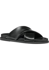 Svarta lädersandaler med glidsula har en överlappande remdesign, slät yta, platt sula och en minimalistisk estetik.
