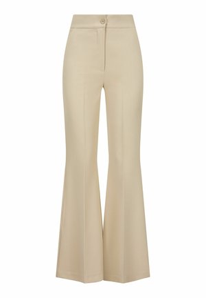 Beige damesbroek met hoge taille en wijde pijpen, voorzien van een knoopsluiting aan de voorkant en verticale naaddetails.
