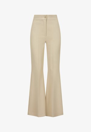 Beige damesbroek met hoge taille en wijde pijpen, voorzien van een knoopsluiting aan de voorkant en verticale naaddetails.