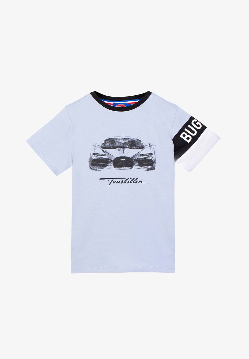 T-shirt azzurro chiaro a maniche corte con collo nero, logo Bugatti in bianco e nero sulla manica destra e schizzo di un'auto sportiva sul davanti con la scritta "Tourbillon".