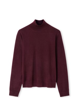 Bordeaux turtleneck trui in zachte brei stof. Kenmerken zijn lange mouwen en een aansluitende pasvorm met geribbelde kraag en zoom.
