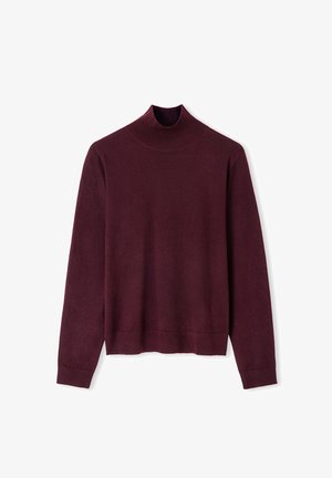 Bordeaux turtleneck trui in zachte brei stof. Kenmerken zijn lange mouwen en een aansluitende pasvorm met geribbelde kraag en zoom.