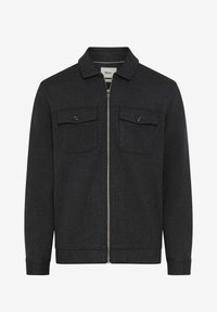 Dark gray zip-up jacket made of textured fabric with a collar, two chest pockets, and ribbed cuffs. Minimalist design featuring a straight cut.
