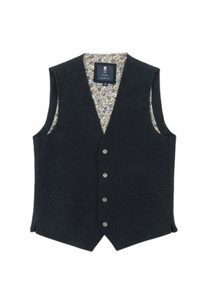 Black wool vest with a floral-patterned lining, five-button front, and two front pockets. Features a fitted design and no sleeves.