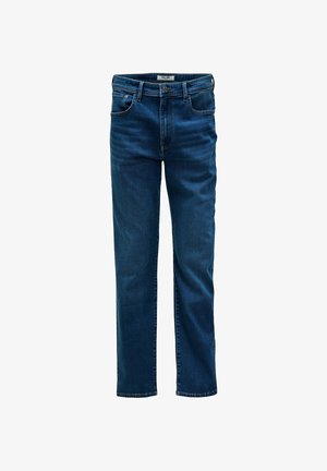 Denim jeans in dark blue color with a straight-leg cut, five pockets, and contrast stitching. Features a standard waistband and zipper fly.