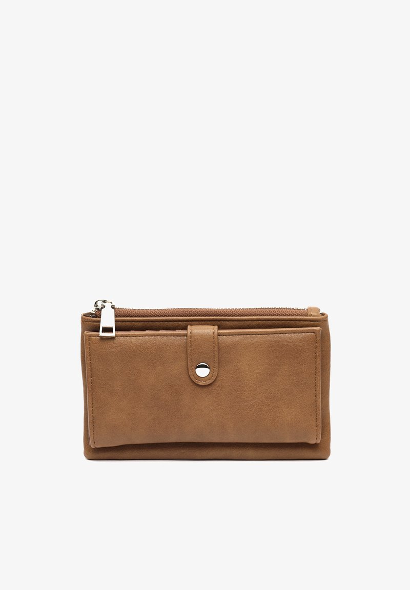 Brown leather wallet with a smooth texture, zip closure, and front snap pocket. Features a minimalistic design and silver hardware accent.