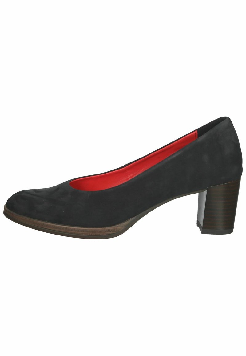 Escarpin fermé noir pour femme avec doublure intérieure rouge et talon bloc moyen avec semelle à texture bois.