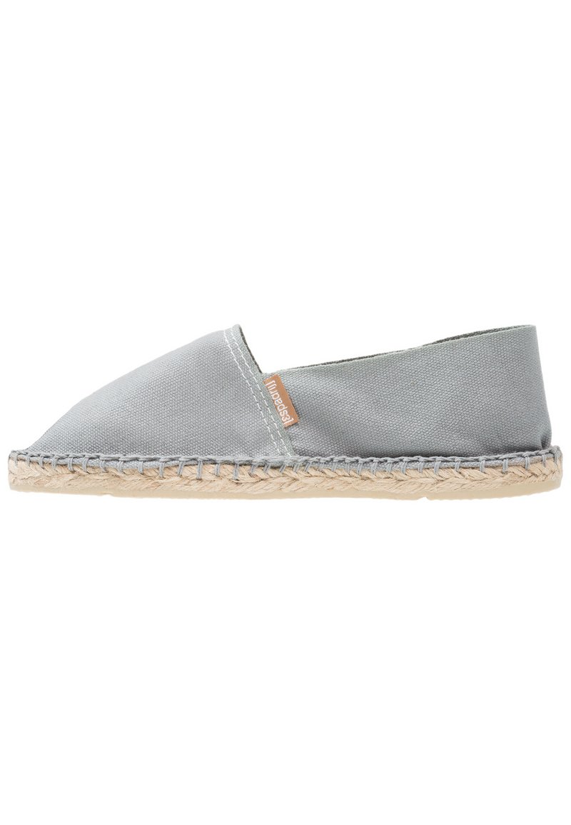 Gray canvas espadrille with a pointed toe, jute rope sole, and stitching detail along the edge. Minimal branding tag visible on the side.