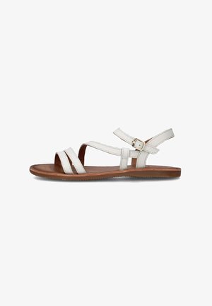 Sandali bianchi in pelle con cinturini incrociati, design aperto sulla punta e chiusura a fibbia. Suola in tessuto marrone per una buona aderenza.