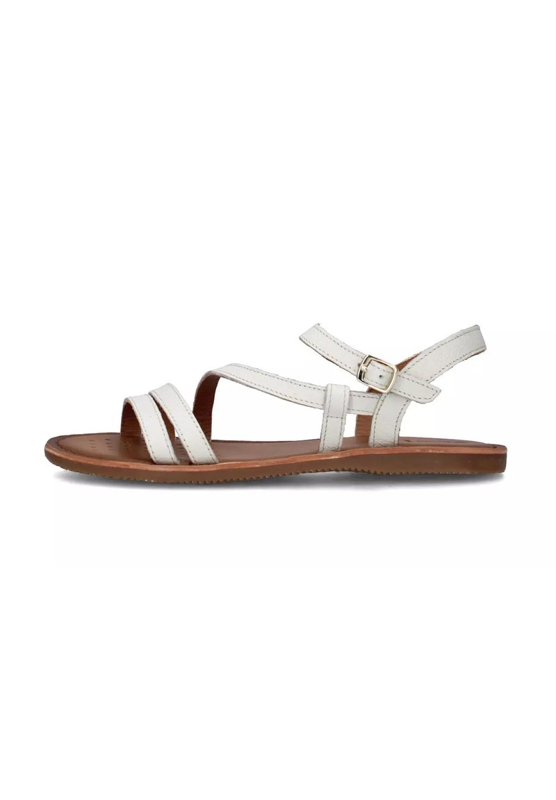 Sandali bianchi in pelle con cinturini incrociati, design aperto sulla punta e chiusura a fibbia. Suola in tessuto marrone per una buona aderenza.