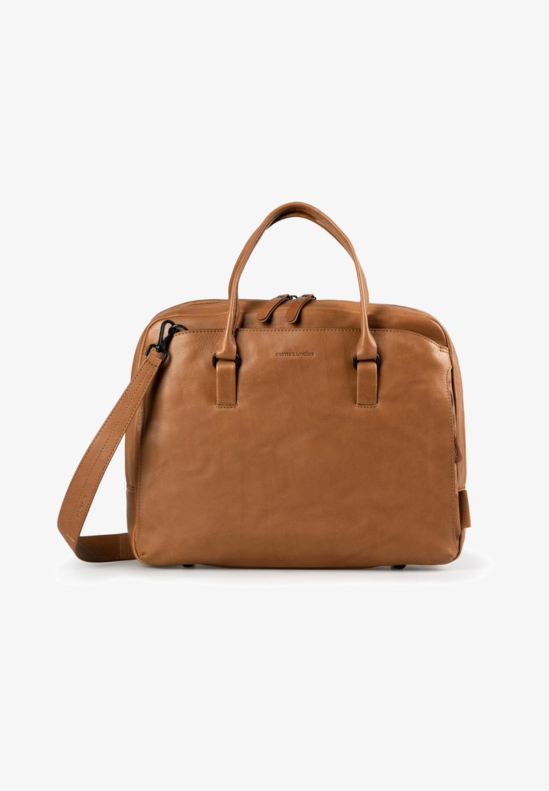 Brown leather messenger bag with dual top handles and a detachable shoulder strap, featuring a smooth texture and zippered closure.