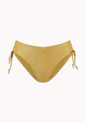 Slip bikini giallo con tessuto strutturato e scintillante, lati annodati con dettagli decorativi e design a copertura moderata.