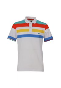 Heren poloshirt in het wit met horizontale strepen: rood, geel, turquoise en blauw. Voorzien van een kraag, een drieknops sluiting en een geborduurd logo.