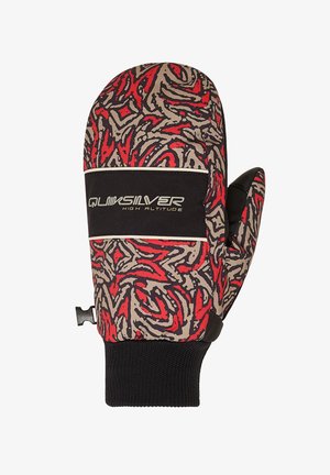 Quiksilver mittens with a patterned exterior in red, black, and beige, featuring a soft texture and a ribbed black cuff for a secure fit.