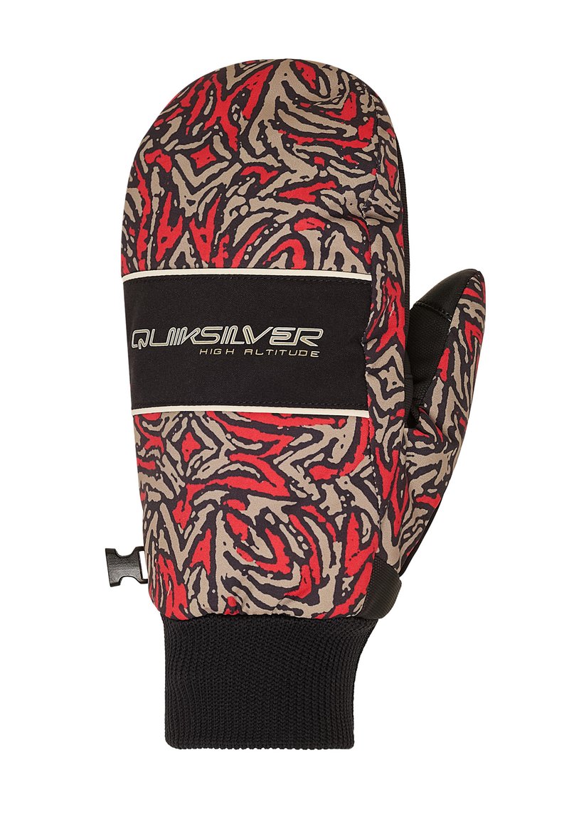 Quiksilver-Handschuhe mit einem gemusterten Außenmaterial in Rot, Schwarz und Beige, das eine weiche Textur aufweist und einen gerippten schwarzen Bund für einen sicheren Sitz hat.
