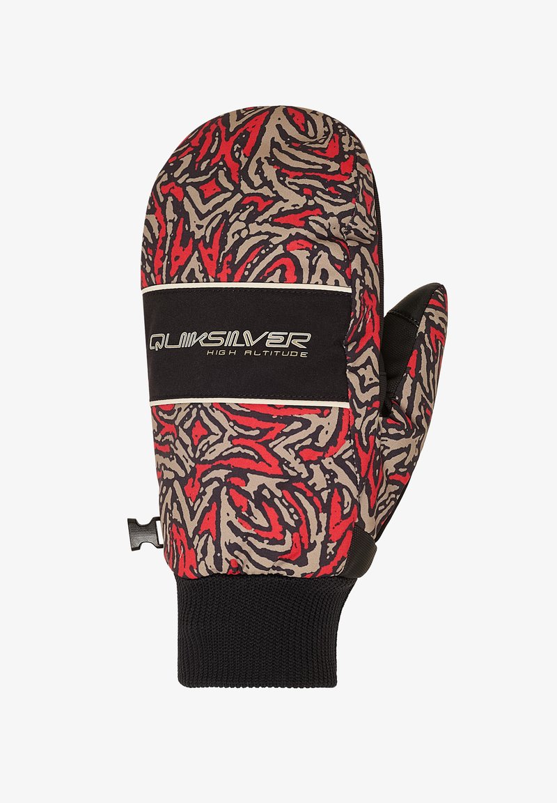 Quiksilver-Handschuhe mit einem gemusterten Außenmaterial in Rot, Schwarz und Beige, das eine weiche Textur aufweist und einen gerippten schwarzen Bund für einen sicheren Sitz hat.