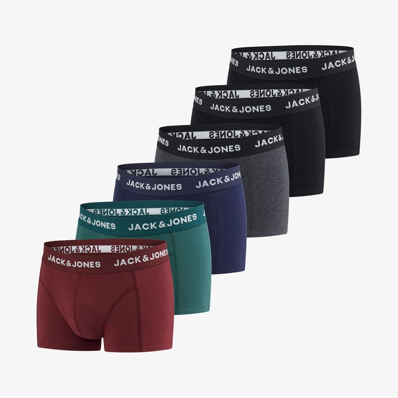 Set of seven men's boxer shorts by Jack & Jones. Colors include burgundy, teal, navy, grey, and black with contrasting logo waistbands.