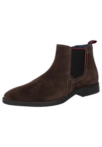 Braune Wildleder-Stiefeletten mit elastischen Seitenpanels, einem leichten Absatz und kontrastierenden Nähten. Sie verfügen über eine Schlaufe zum Anziehen und eine gummierte Sohle.