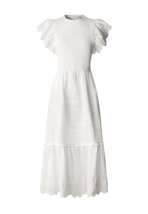 Weißes Midikleid mit gepufften Ärmeln aus Lochspitze, gerafftem Oberteil und gewelltem Saum mit floralen Ausschnittmustern.