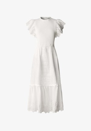 Weißes Midikleid mit gepufften Ärmeln aus Lochspitze, gerafftem Oberteil und gewelltem Saum mit floralen Ausschnittmustern.