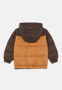 Padded jacket featuring a brown upper section and an orange lower section, with a hood and elastic cuffs for a snug fit.