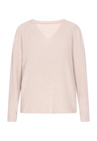 Vaaleanbeige V-pääntiö sweater, jossa on pitkät hihat, ribbikuvio ja rento malli. Pehmeä kangas, jossa on hienovarainen kiilto.