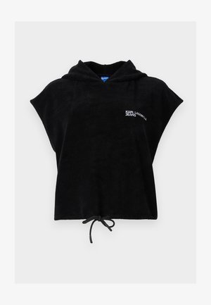 Zwart kort mouw hooded top met voorste trekkoord en wit "KARL LAGERFELD JEANS" logo op de linkerborst.