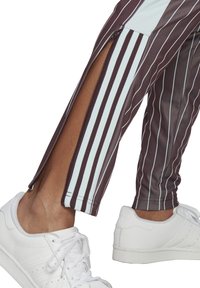 Pantalons de sport rayés en marron et bleu clair, avec des zips latéraux, associés à des baskets blanches. Texture lisse, coupe ajustée.