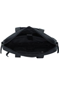 Musta nahkareppu vetoketjullisella päällä, tilava sisustus, useita taskuja ja teksturoitu vuori. Varustettu kestäville kahvoille ja säädettävillä hihnoilla.