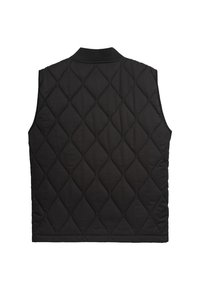Svart vadderad väst med ett diamantmönster, som har en ribbad krage och är ärmlös, tillverkad av ett slätt, lätt tyg.