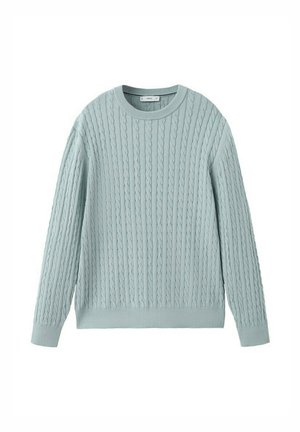 Lichtblauwe kabelgebreide trui met lange mouwen en geribde manchetten, zoom en ronde hals.