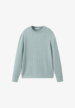 Jersey de punto cable en azul claro con mangas largas y puños, dobladillo y cuello redondo acanalados.