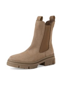 Tan suede ankle boot with elastic side panels, round toe, textured sole, and stitched detailing. Chunky heel for added traction.
