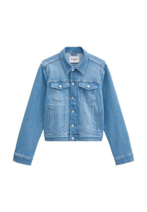 Hellblaue Jeansjacke mit Knopfleiste, zwei Brustklappentaschen, Seitentaschen und klassischem Kragen.