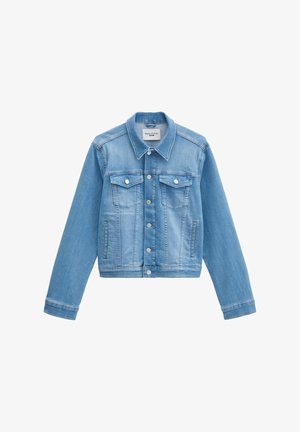 Hellblaue Jeansjacke mit Knopfleiste, zwei Brustklappentaschen, Seitentaschen und klassischem Kragen.