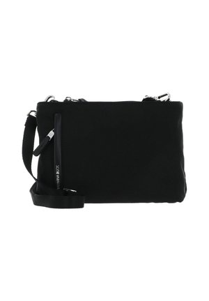 Sac bandoulière noir en tissu doux, doté d'une fermeture éclair, d'une sangle réglable et d'une petite poche extérieure zippée.