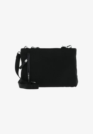 Sac bandoulière noir en tissu doux, doté d'une fermeture éclair, d'une sangle réglable et d'une petite poche extérieure zippée.