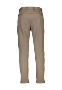 Pantaloni beige con una texture liscia, vestibilità affusolata e risvolti. Due tasche posteriori e passanti per cintura arricchiscono il design.