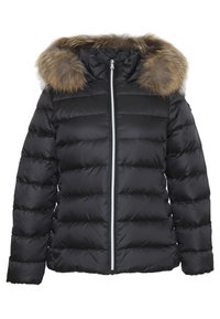 Giacca a vento nera con cappuccio in pelliccia sintetica removibile, chiusura con zip, motivo trapuntato e polsini a costine per calore e comfort.