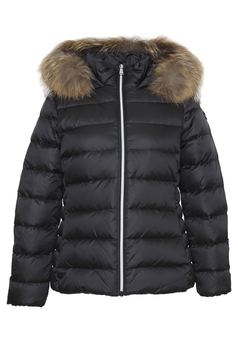 Giacca a vento nera con cappuccio in pelliccia sintetica removibile, chiusura con zip, motivo trapuntato e polsini a costine per calore e comfort.