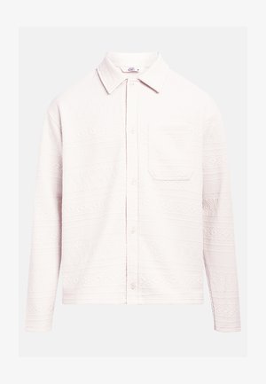 Svetloružová košeľa na zapínanie s textúrovaným vzorom, dlhými rukávmi a náprsným vreckom. Vyrobená z mäkkej látky s reliéfnym dizajnom.