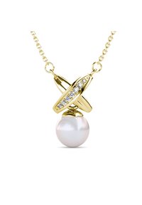 Gouden ketting met een verwoven ontwerp en een enkele parel als hanger. Verstevigd met heldere kristallen langs een van de lussen.