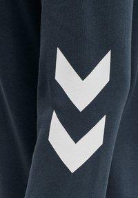 Marinblå sweatshirt med stora vita chevronmönster på ärmarna, tillverkad av mjukt bomullstyg med en slät textur.