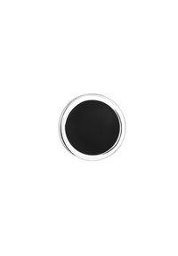 Buton circular negru cu un finisaj lucios, înconjurat de o margine metalică subțire de argint. Textură netedă, design minimalist fără detalii suplimentare.