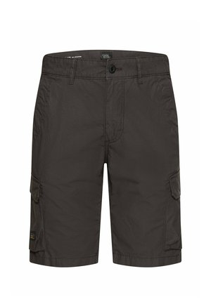 Dunkelgraue knieumspielende Cargo-Shorts mit Knopfverschluss, Gürtelschlaufen und zwei Klappentaschen an den Seiten.