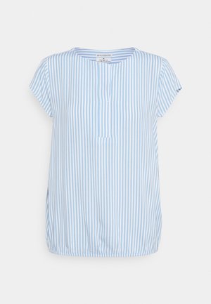 Blusa de manga corta con rayas verticales azules y blancas, cuello redondo y dobladillo elástico sobre un fondo liso.